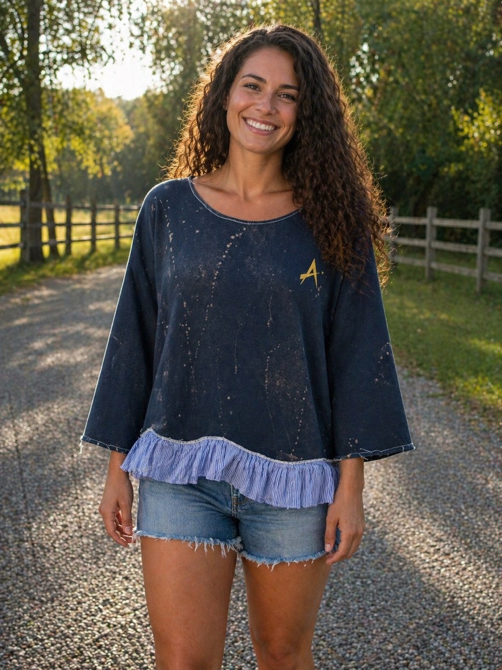 Bleached Navy sweatshirt with Ruffle Hem Women's Top -Avengers